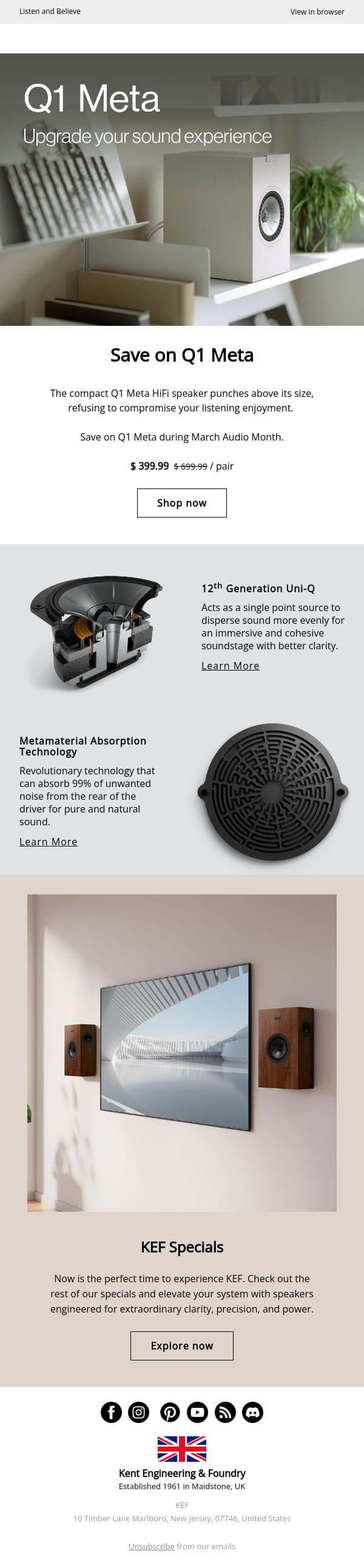 Uncompromising Detail. Compact Form. email from KEF screenshot