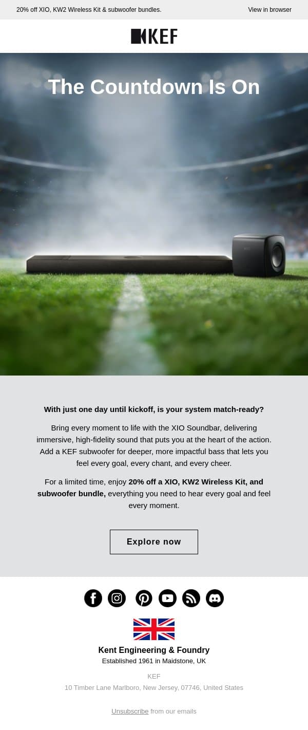 One Day Until Kickoff. Is Your System Ready? email from KEF screenshot