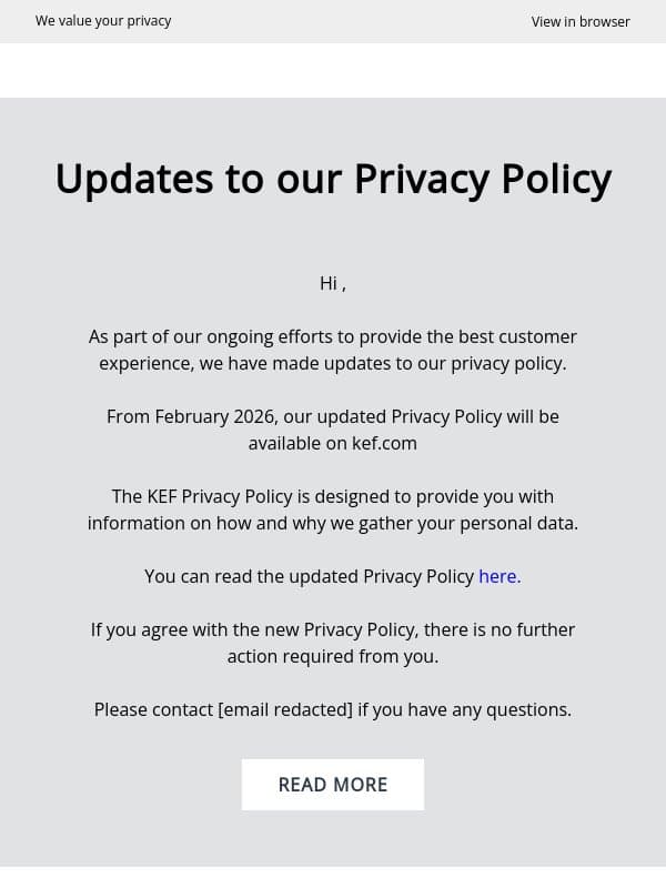 Updates to our Privacy Policy email from KEF