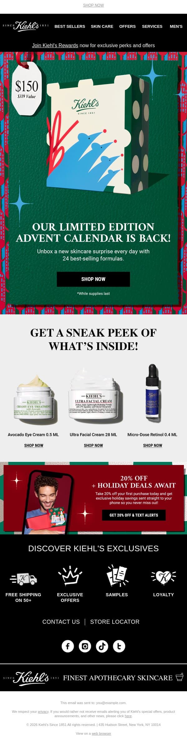 It's HERE! The 2026 Advent Calendar ($319 Value) email from Kiehl's screenshot