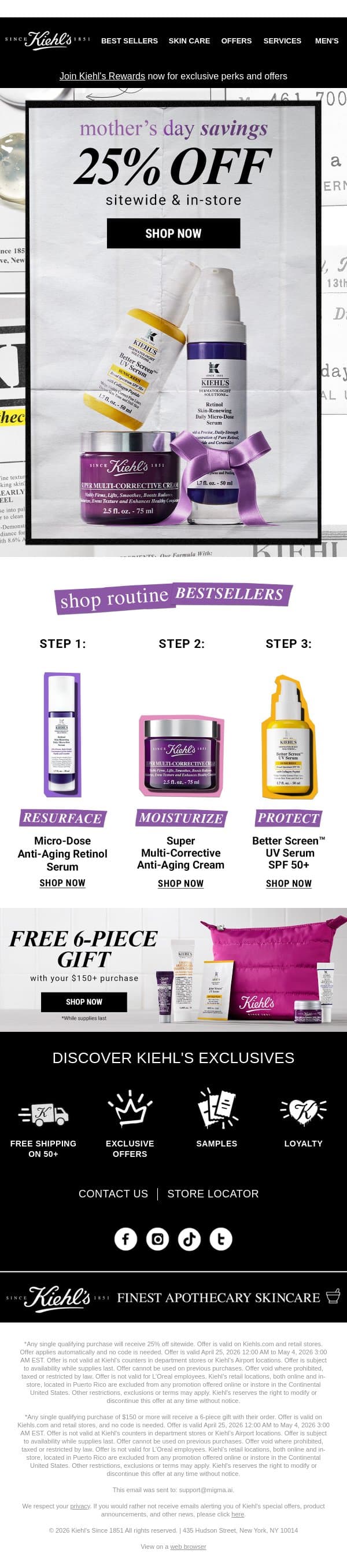 💜25% OFF of The Ultimate Mother's Day Treat💜 email from Kiehl's screenshot