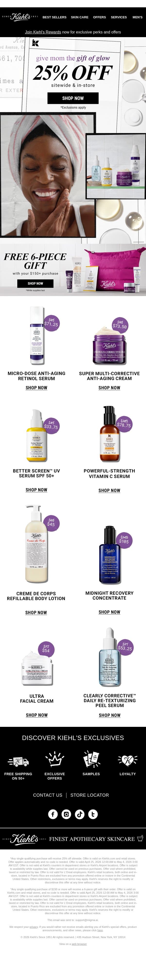 25% OFF Sitewide & In-Store! Give Mom the Gift of Glow ✨ email from Kiehl's screenshot