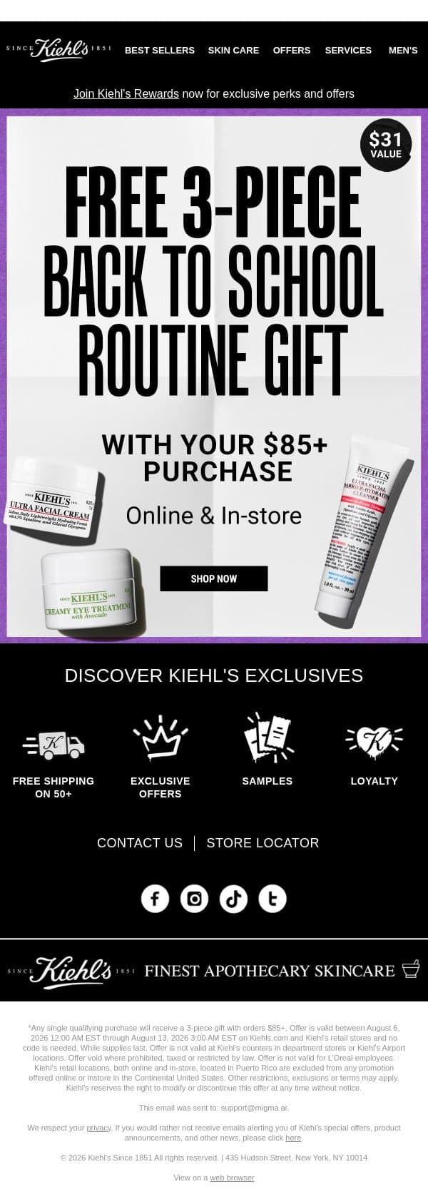Your Free Back To School Routine Is Here 🎒 email from Kiehl's screenshot