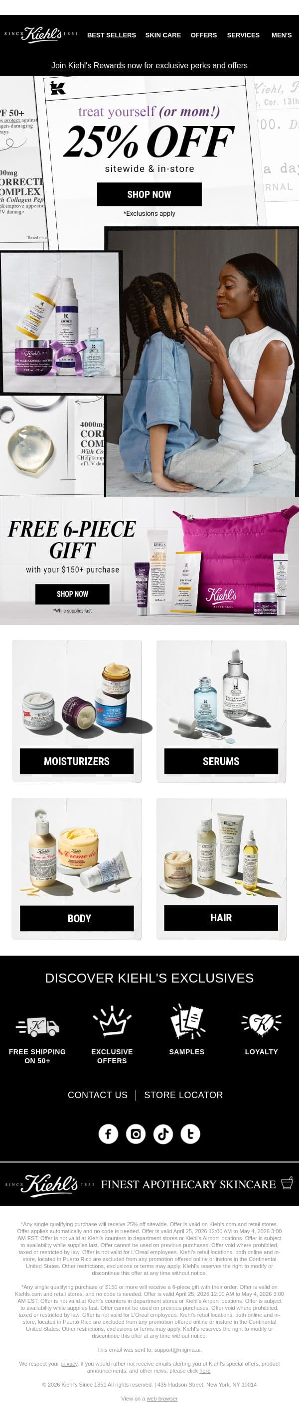 25% OFF + 6 Free Gifts (Get it by Mother's Day w/2-Day Shipping)! email from Kiehl's screenshot