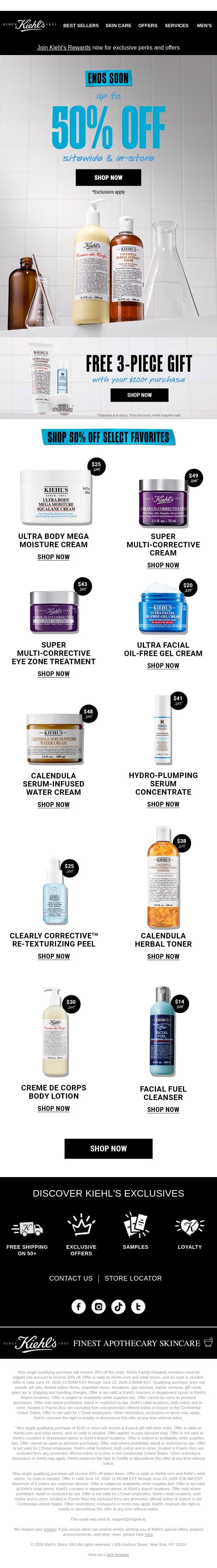 Up To 50% Off Sitewide + FREE 3Pc Gift Ends Soon email from Kiehl's screenshot