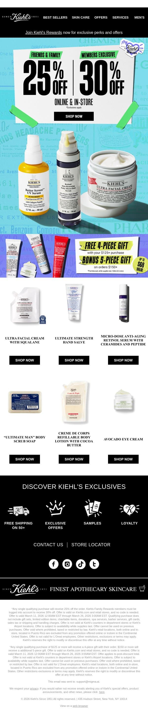 30% OFF Even Refills & Value Sizes + Up to 9 FREE Gifts 🤯 email from Kiehl's screenshot