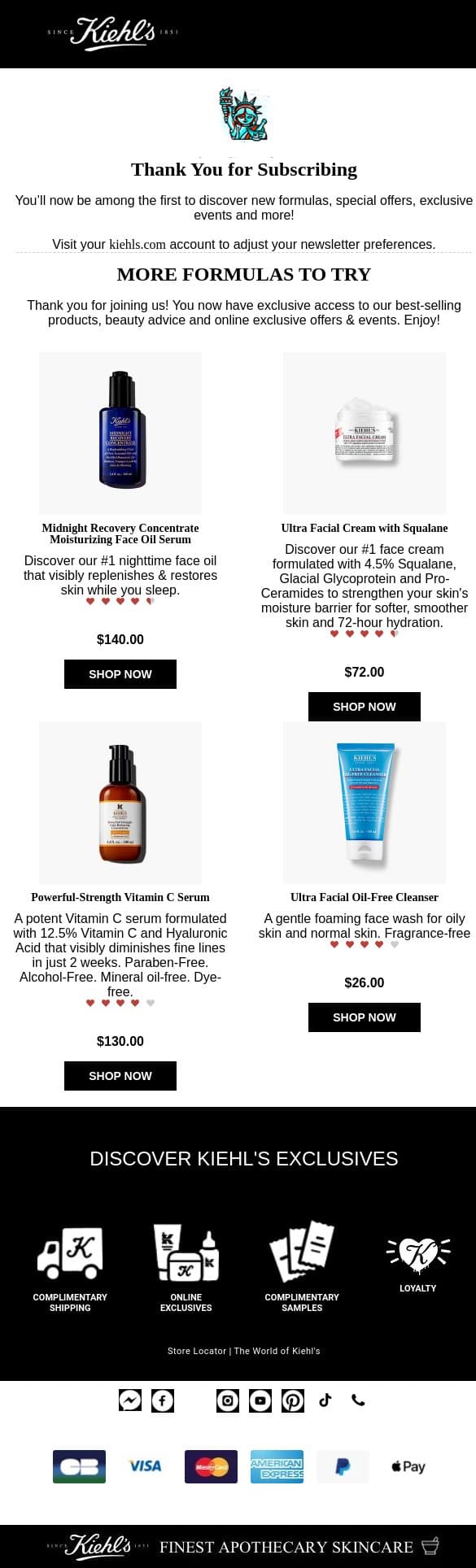 Newsletter subscription confirmation email from Kiehl's screenshot