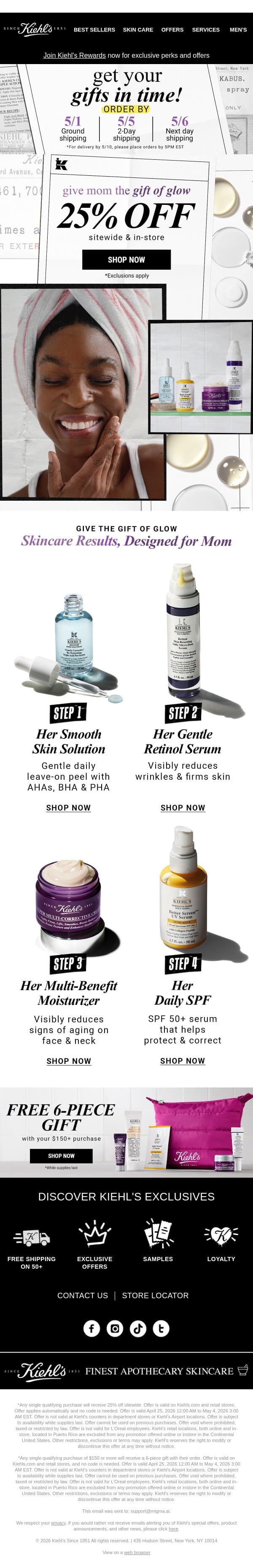Last Day For Ground Shipping by Mother's Day! (+ You Have 25% OFF) email from Kiehl's screenshot