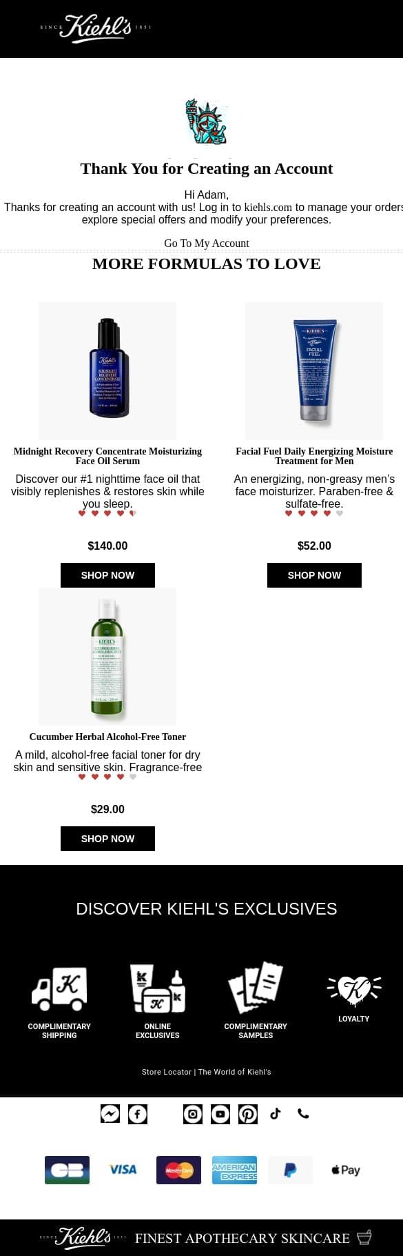 Thank you for registering with Kiehl's! email from Kiehl's screenshot