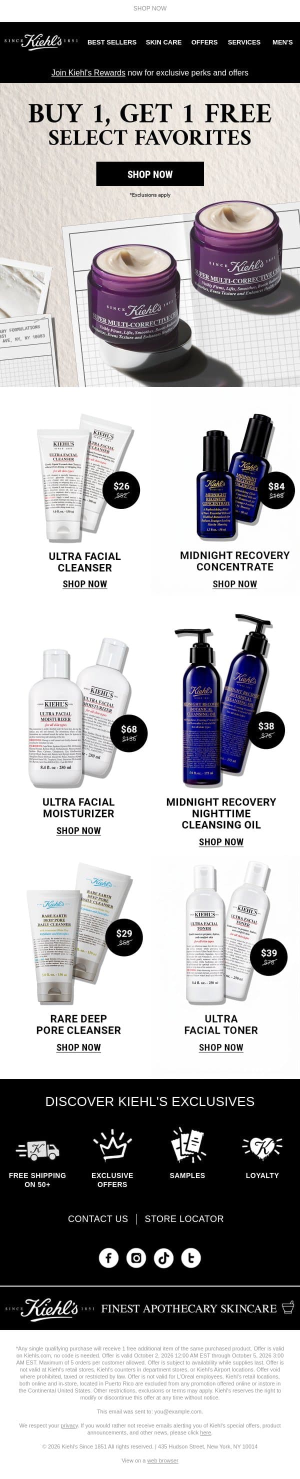🚨 Ends Tomorrow: Buy 1, Get 1 FREE 🚨 email from Kiehl's screenshot