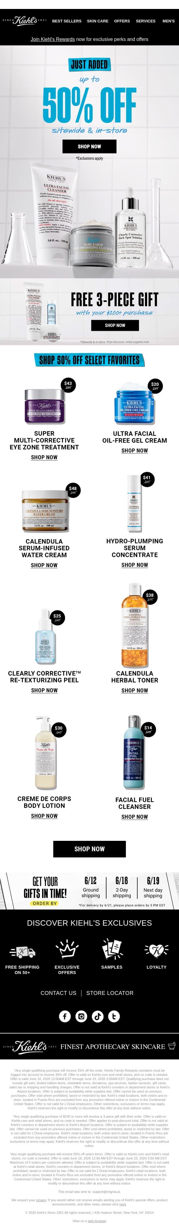 Adam, Your Favorites, Now 50% OFF🔥 email from Kiehl's screenshot
