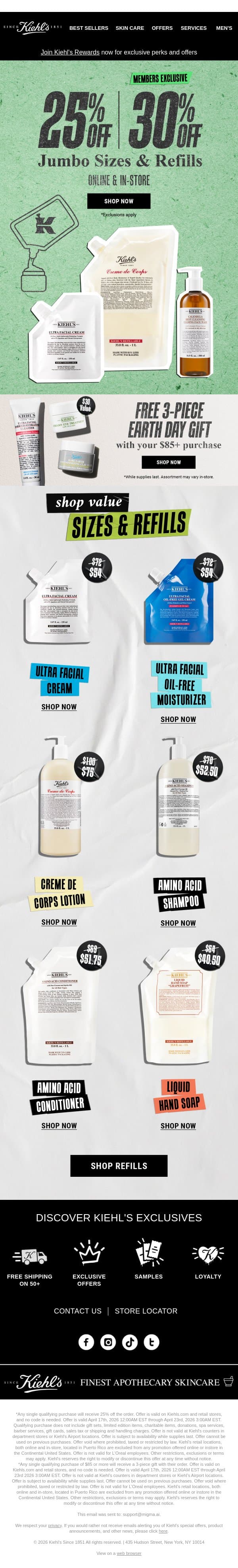 25% OFF Jumbos & Refills starts NOW! email from Kiehl's screenshot