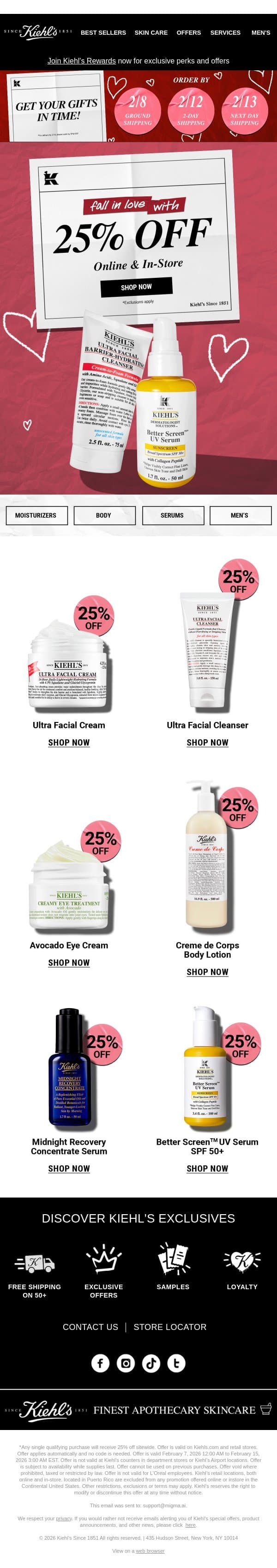 ⏳ Almost Over! 25% Off + 2-Day Shipping email from Kiehl's screenshot