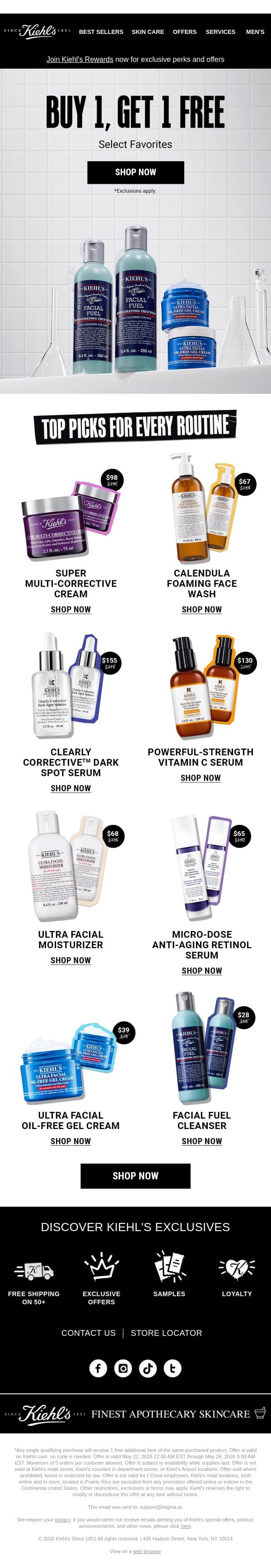 Happy Memorial Day! Final Hours For Buy 1, Get 1 Free email from Kiehl's screenshot