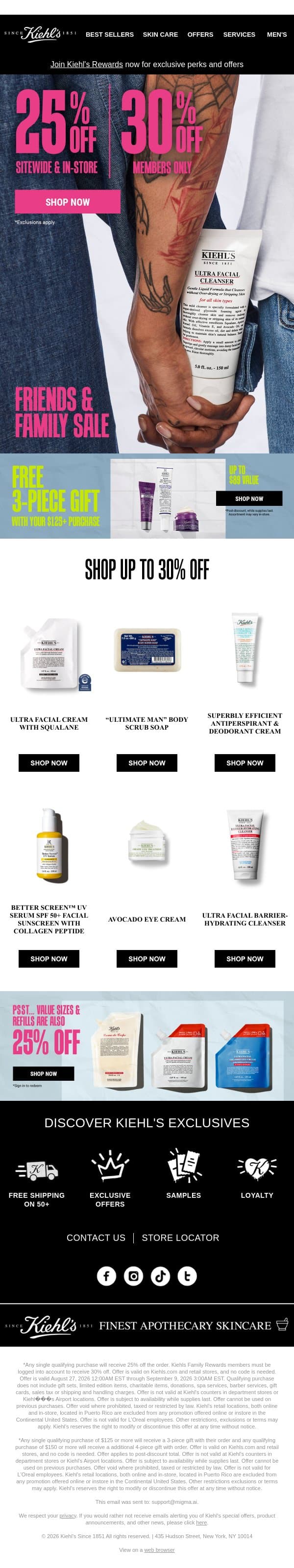 25% OFF Sitewide + FREE 3-Piece Gift 💌 email from Kiehl's screenshot