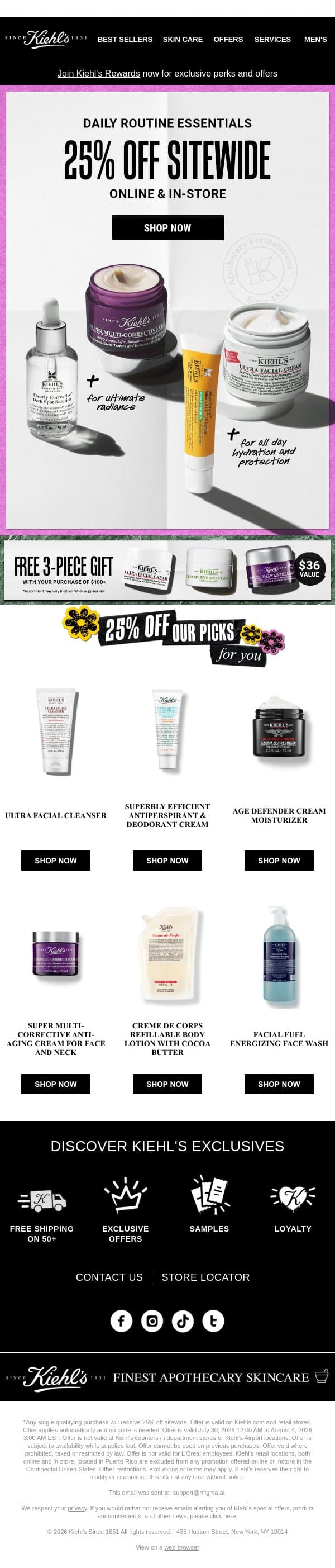 Don't Miss 25% Off Sitewide 💙 email from Kiehl's screenshot