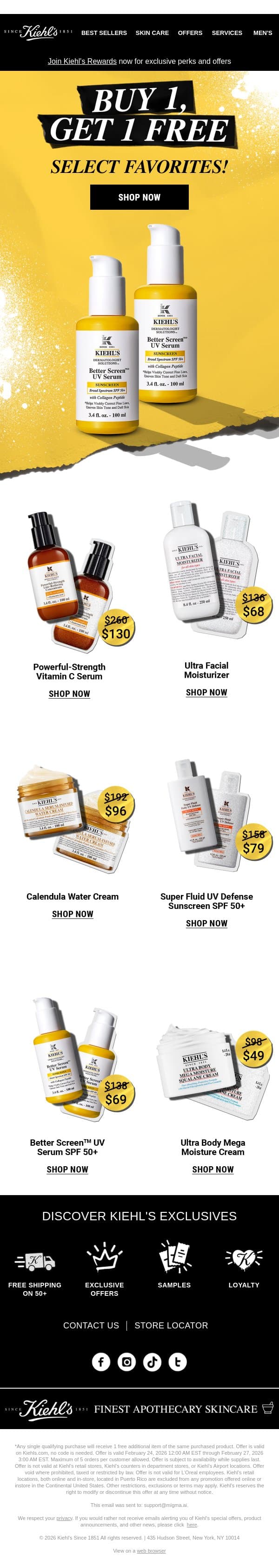 It’s On! Buy 1, Get 1 FREE On Select Favorites email from Kiehl's screenshot