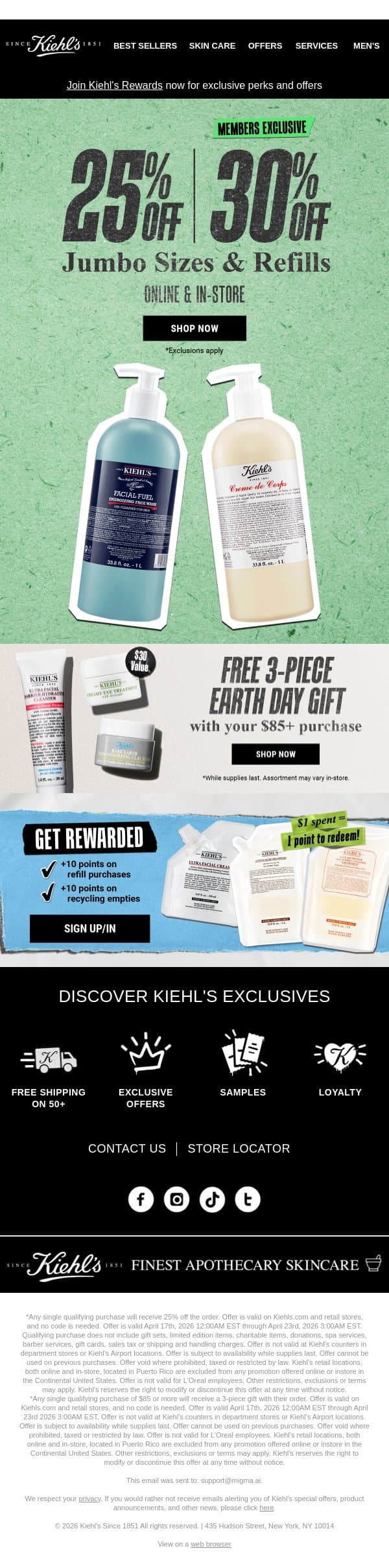 Earth Month Exclusive: Up to 30% OFF Refill & Value Sizes email from Kiehl's screenshot