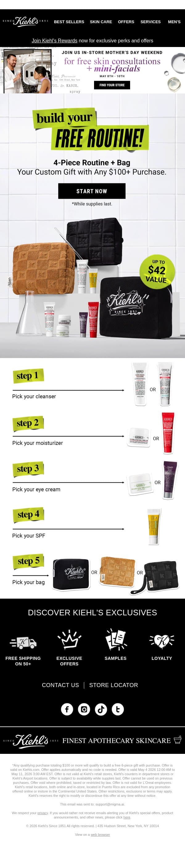 Last Chance! Create Your FREE Custom Skincare Regimen email from Kiehl's screenshot