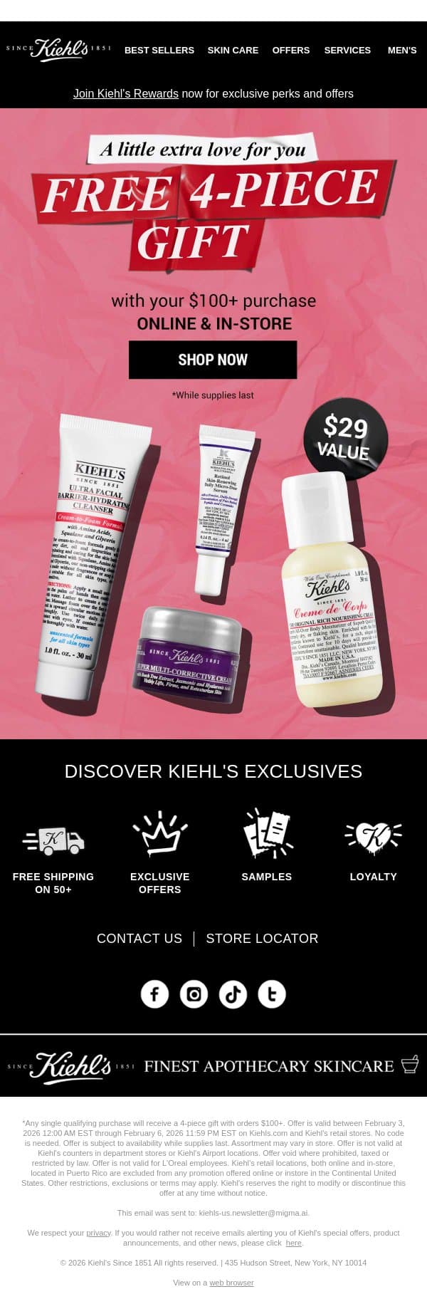 A Little Extra Love: Your FREE 4-Piece Gift Is Here! email from Kiehl's screenshot