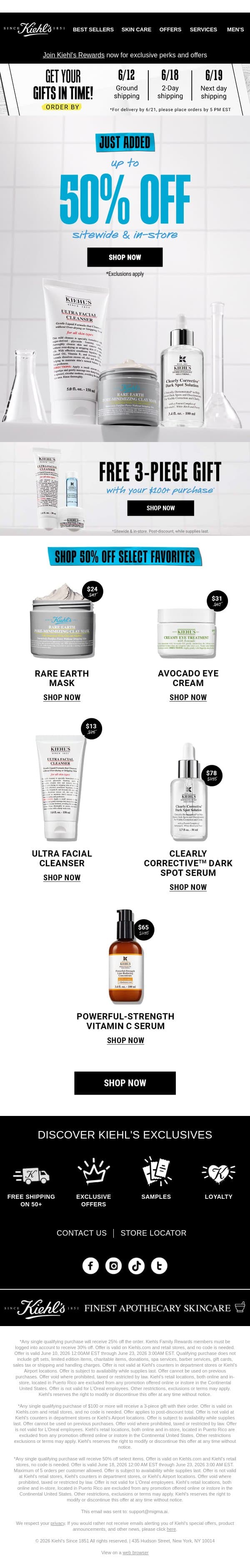 50% OFF icons + 25% OFF sitewide + FREE gifts! email from Kiehl's screenshot