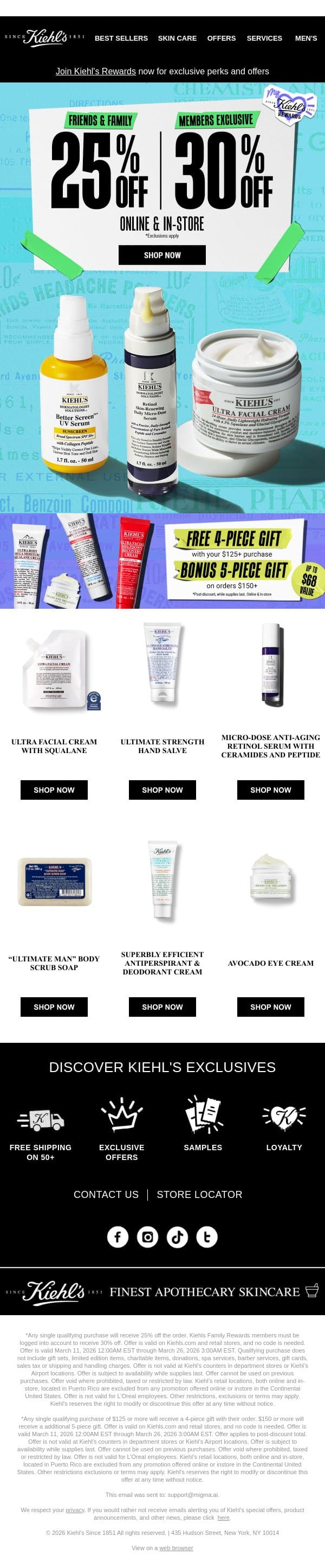 Up to 30% OFF for Friends & Family continues. email from Kiehl's screenshot