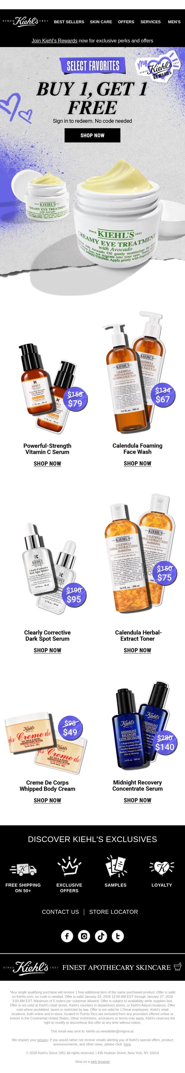 Ends Tonight: Last Chance for Buy 1, Get 1 FREE email from Kiehl's screenshot