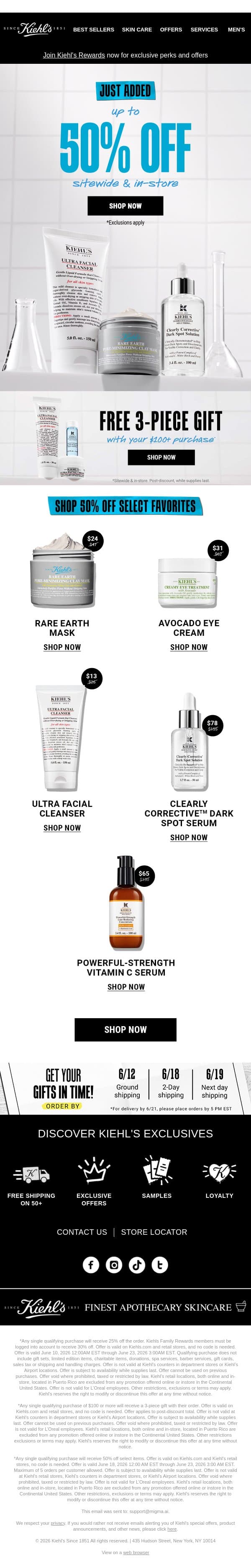 ✨ JUST ADDED: 50% OFF Select Favorites Online & In-Store! email from Kiehl's screenshot