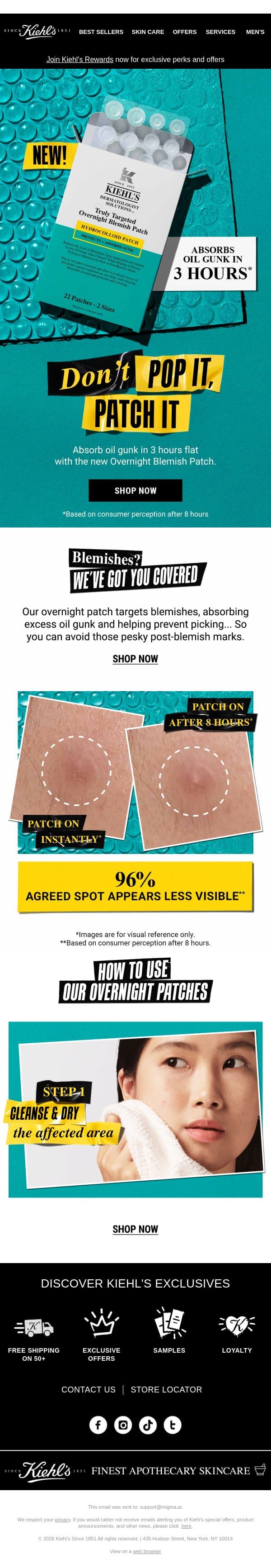 Introducing the Truly Targeted Overnight Blemish Patch email from Kiehl's screenshot