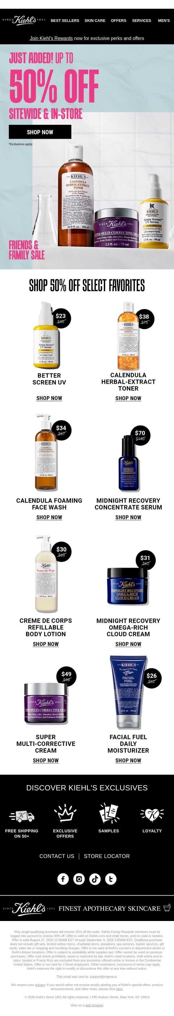 Adam, Your Favorites, Now 50% OFF 🔥 email from Kiehl's screenshot