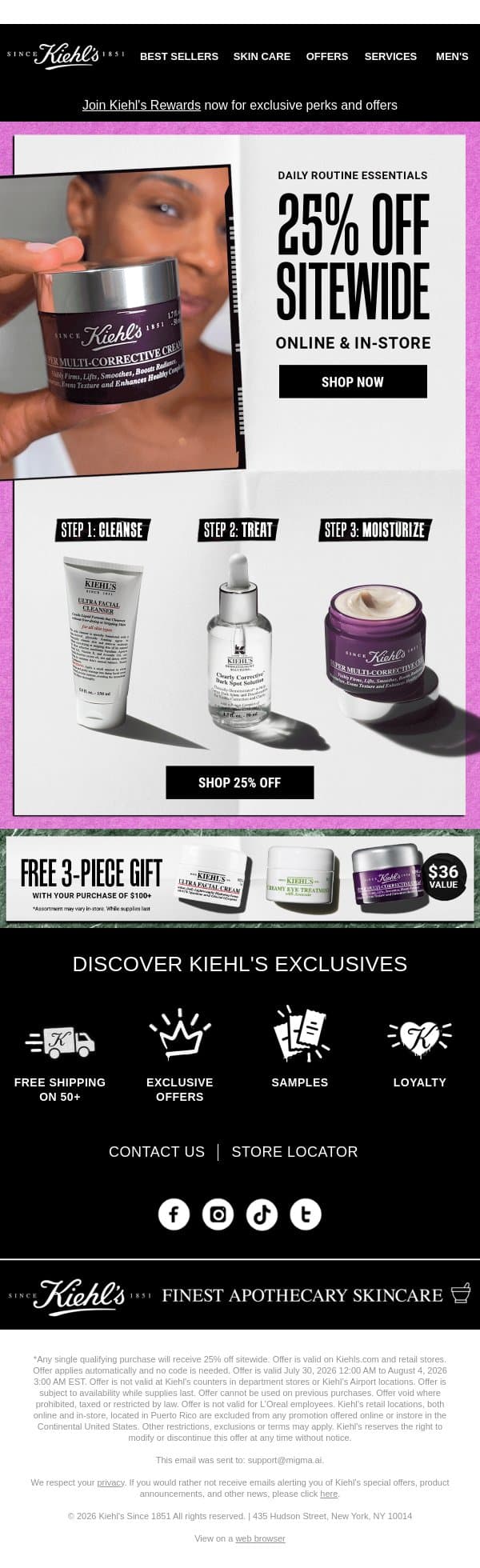 Upgrade Your Routine With 25% Off email from Kiehl's screenshot