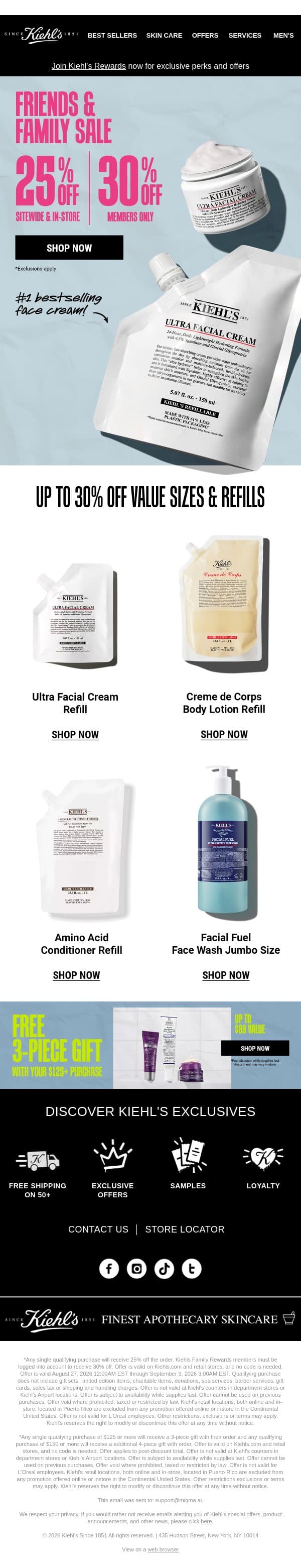 25% OFF Refills & Value Sizes? Yes, Please! email from Kiehl's screenshot