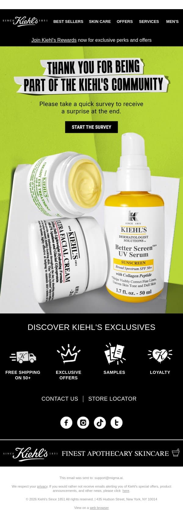 Your FREE Deluxe Sample is Waiting! (Quick Survey Inside) email from Kiehl's screenshot