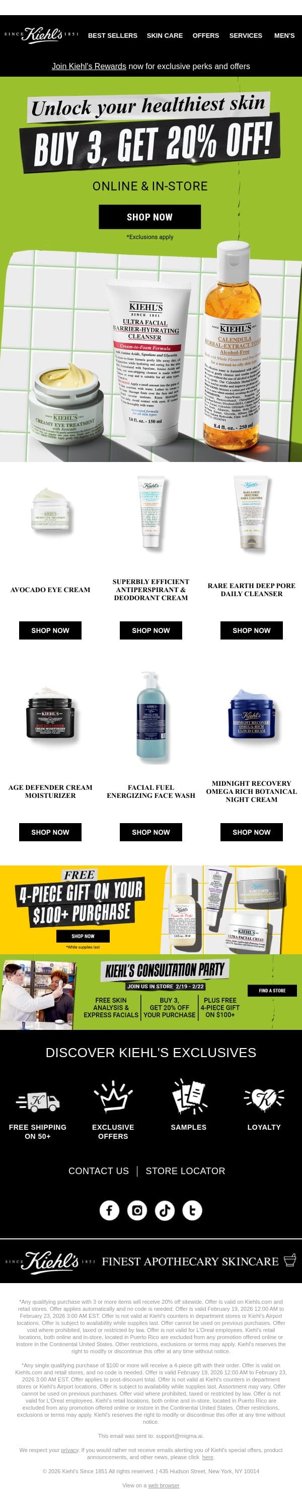 Ends Tonight! Last Chance for 20% Off + FREE Gift email from Kiehl's screenshot