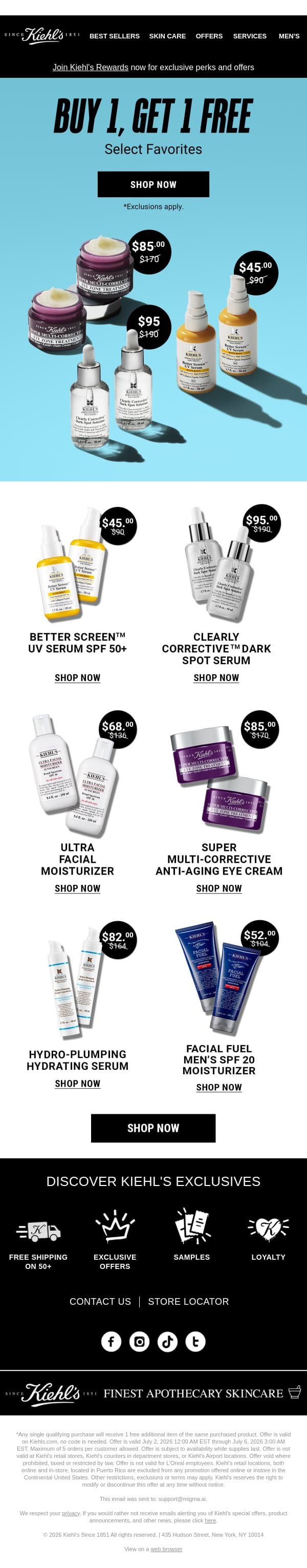 Starting Now: Buy 1, Get 1 Free! email from Kiehl's screenshot