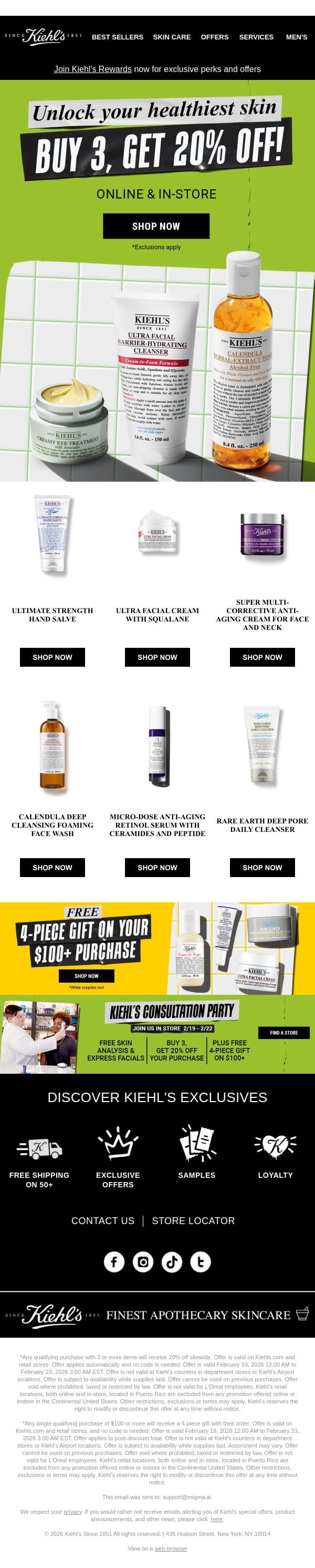 Your FREE 4-Piece Gift is Waiting (with Avocado Eye Cream!) email from Kiehl's screenshot