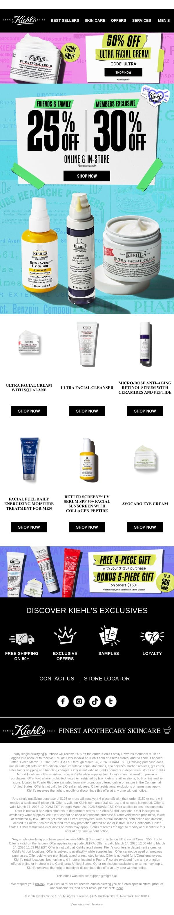 ⚡TODAY ONLY: 50% OFF Ultra Facial Cream + Up To 30% OFF Sitewide⚡ email from Kiehl's screenshot