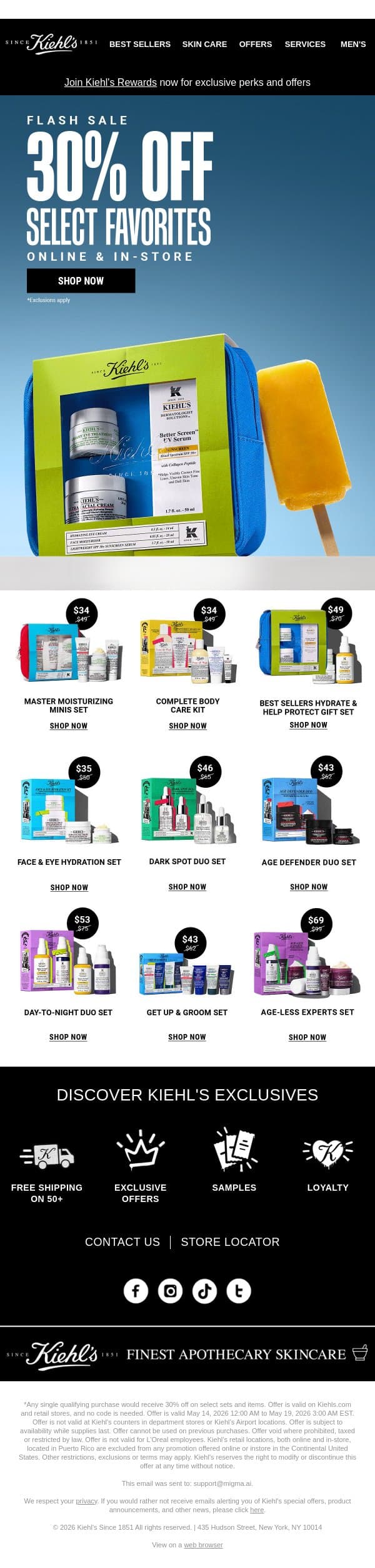 30% Off Your Favorite Skincare Online & In-Store email from Kiehl's screenshot