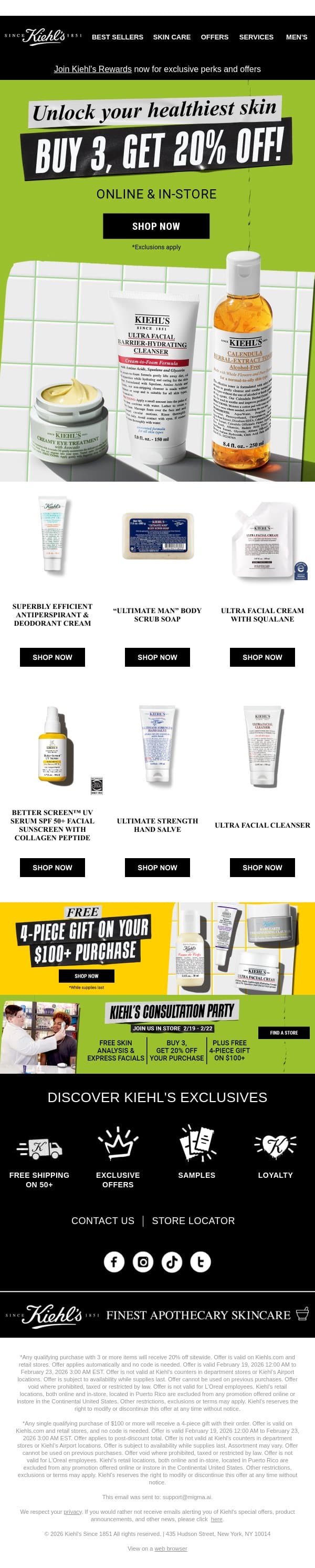 Don't Miss Out on 20% Off Your Healthiest Skin Routine email from Kiehl's screenshot
