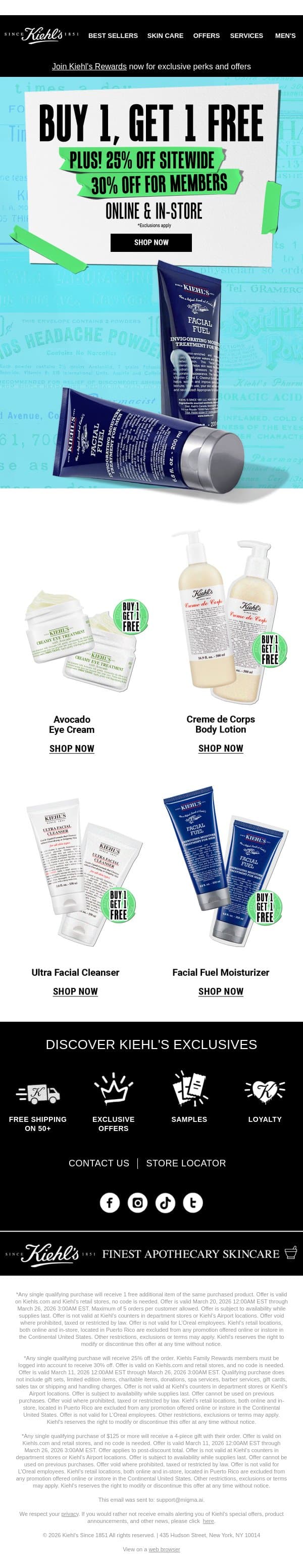 FINAL HOURS Buy 1, Get 1 FREE + up to 30% OFF email from Kiehl's screenshot