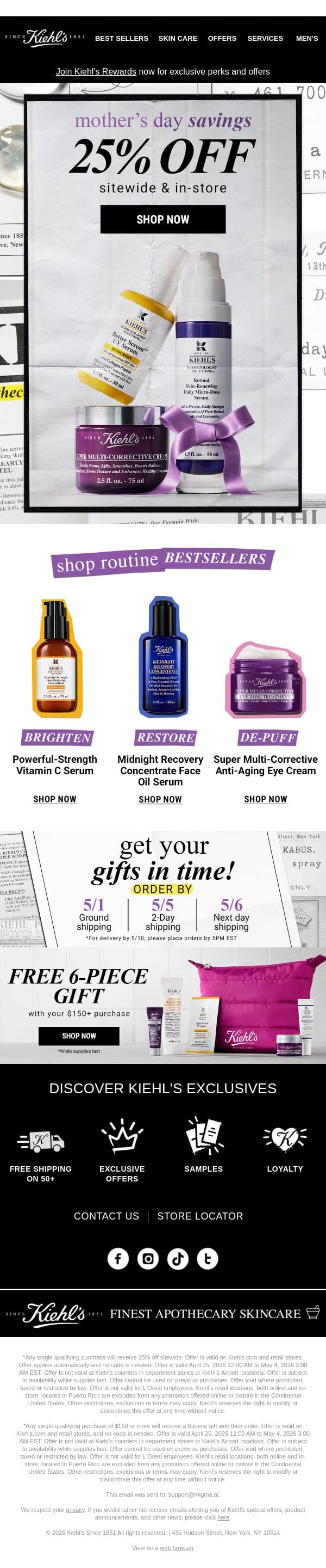 🚨 Final Hours for 25% OFF + 6 Gifts on $150+! email from Kiehl's screenshot