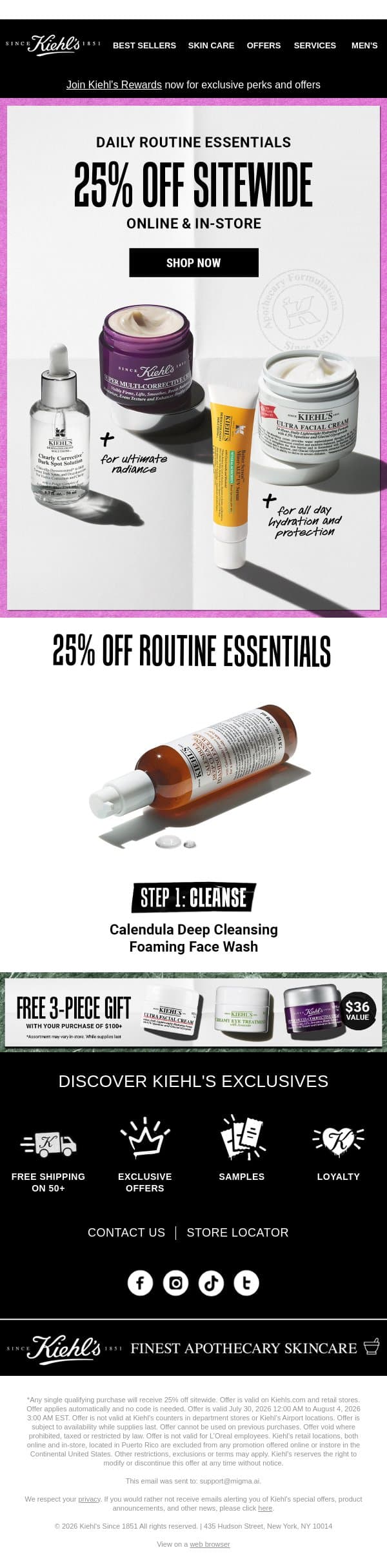 25% Off Sitewide & In-store Starts Now email from Kiehl's screenshot
