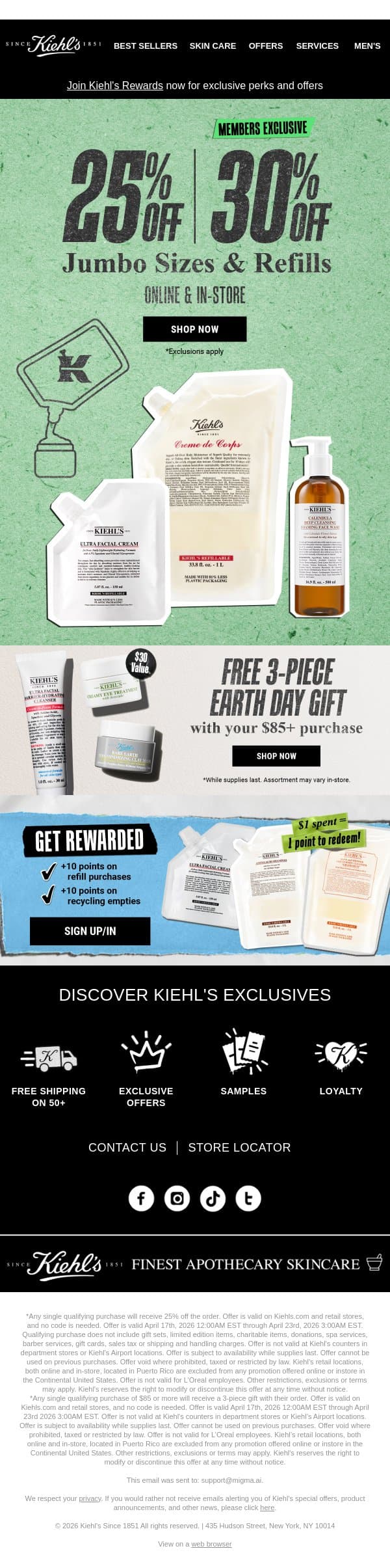 Up to 30% OFF Jumbos & Refills! email from Kiehl's screenshot