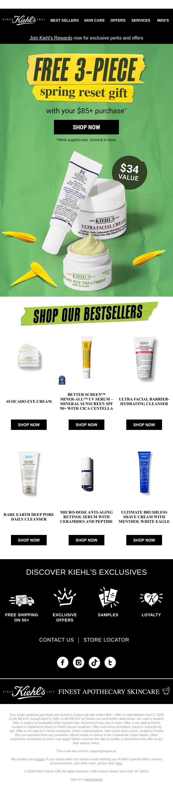 Your Free 3-Piece Spring Reset Gift Is Here! 🌼 email from Kiehl's screenshot