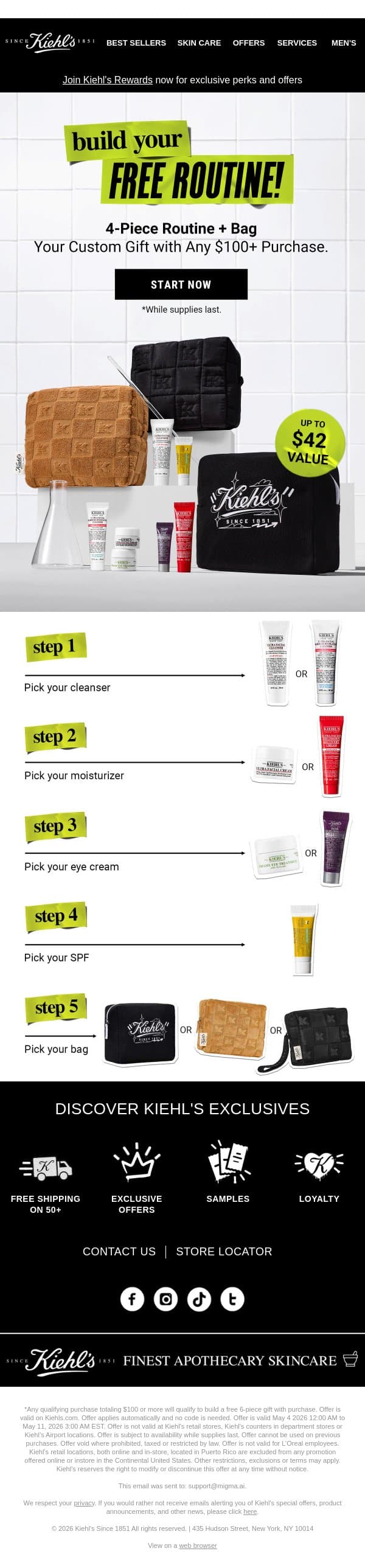 It's Here: Build Your FREE Routine (worth up to $42) email from Kiehl's screenshot
