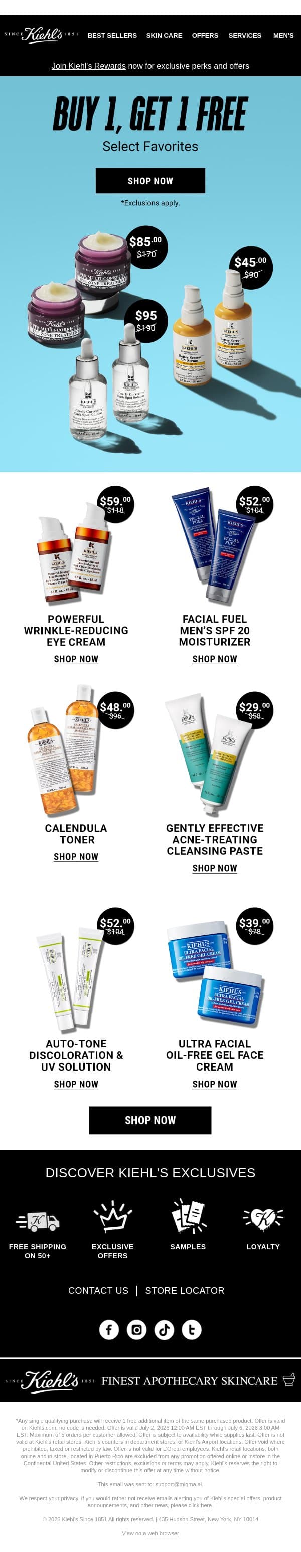 Happy 4th Of July! Celebrate With Buy 1, Get 1 Free 🎆 email from Kiehl's screenshot