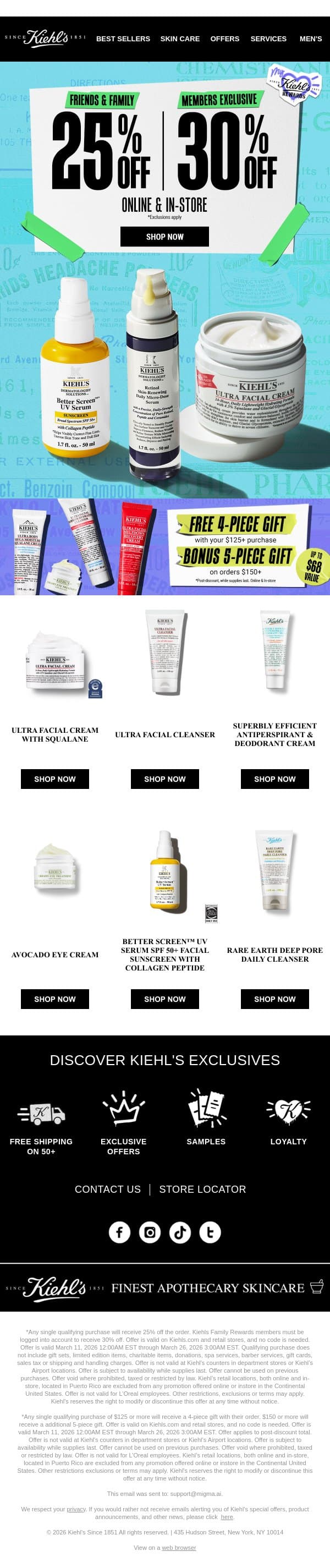 🔊30% OFF + 4Pc Gift on $125 + Bonus 5Pc on $150! email from Kiehl's screenshot