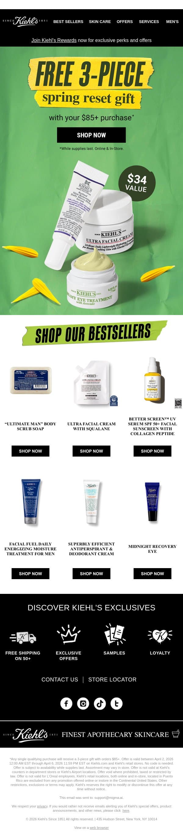 3 Free Minis to Reset Your Routine ✨ email from Kiehl's screenshot