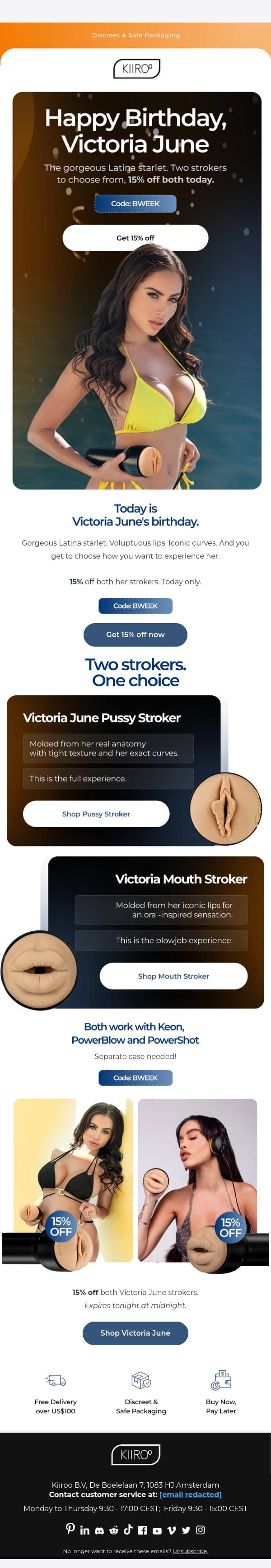 Happy Birthday Victoria June 🎂 15% off both strokers! email from Kiiroo screenshot