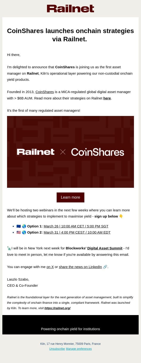 CoinShares joins as the first asset manager building onchain strategies on Railnet. email from Kiln screenshot